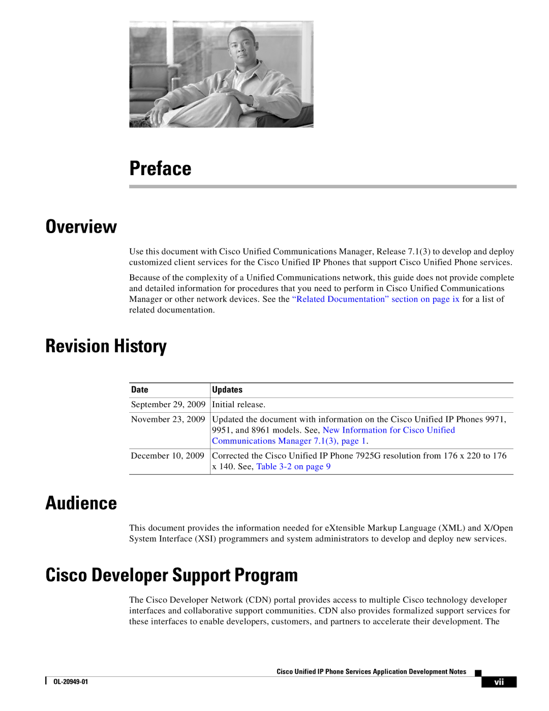 Cisco Systems OL-20949-01 manual Preface, Overview, Revision History, Audience, Cisco Developer Support Program 