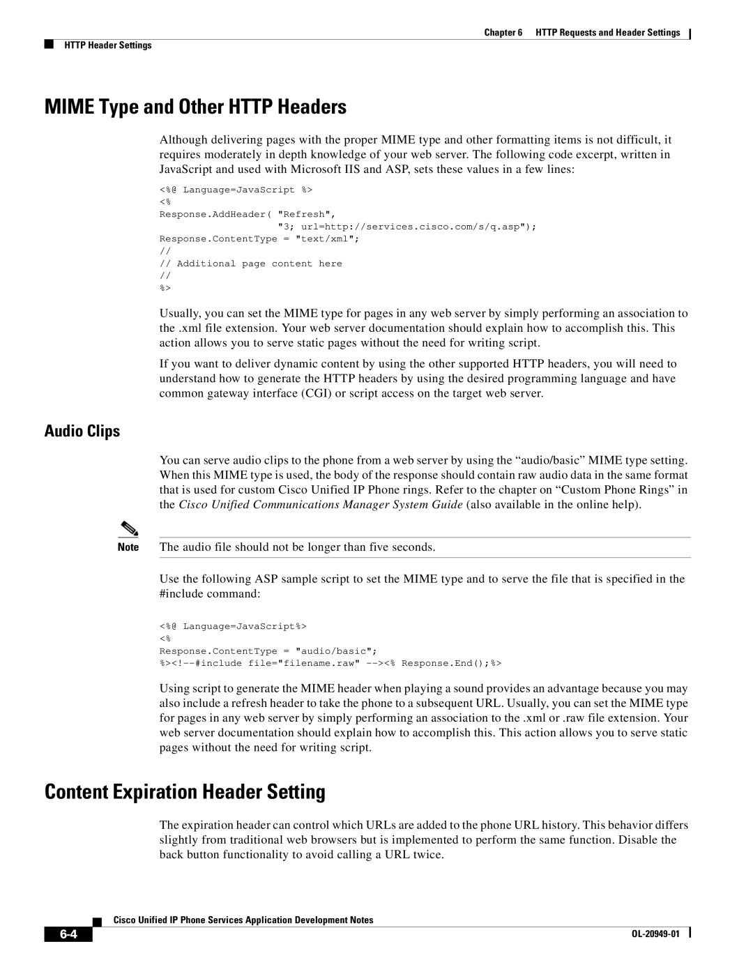 Cisco Systems OL-20949-01 manual Mime Type and Other Http Headers, Content Expiration Header Setting 