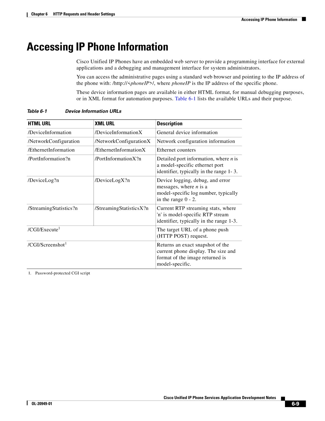 Cisco Systems OL-20949-01 manual Accessing IP Phone Information, Html URL XML URL 