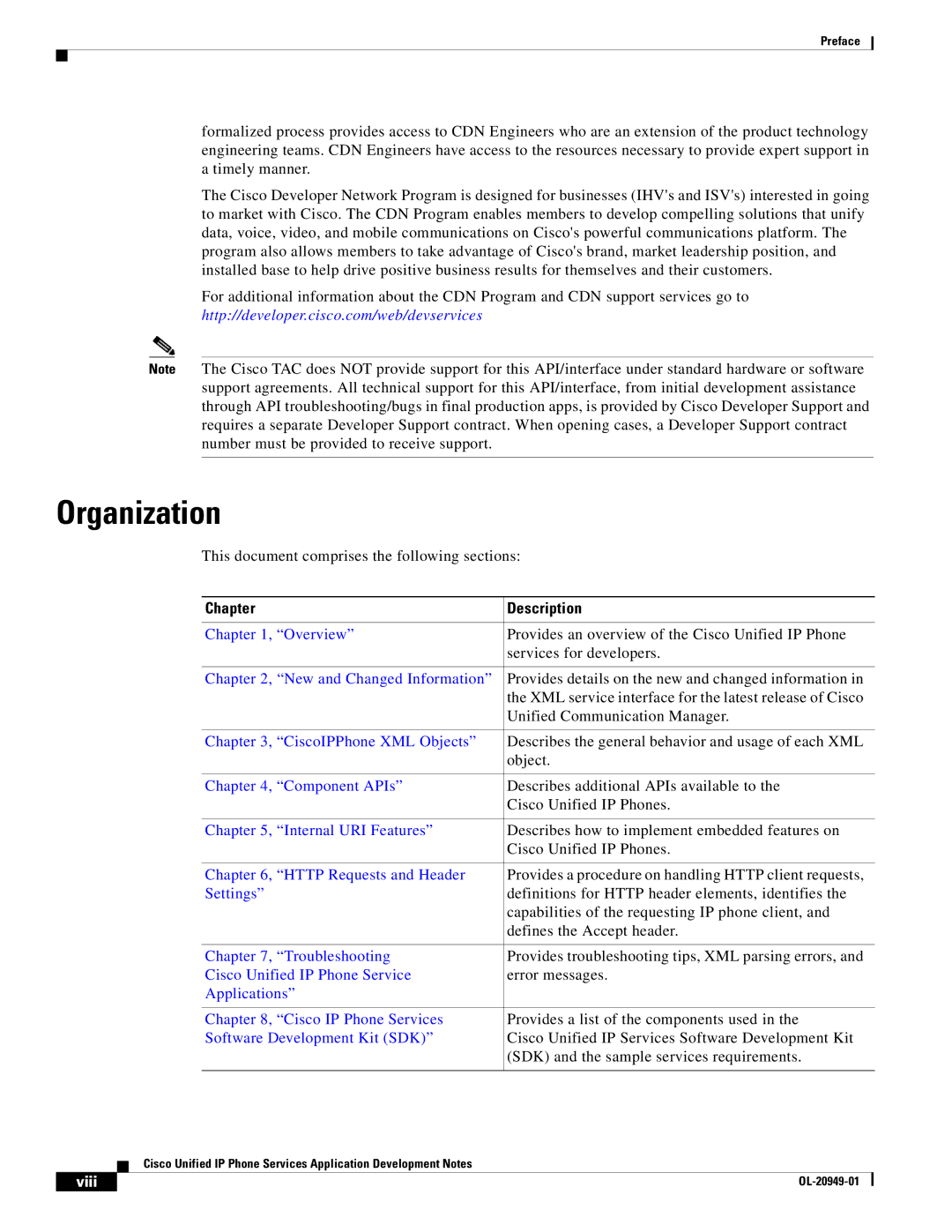 Cisco Systems OL-20949-01 manual Organization, Chapter Description, Viii 