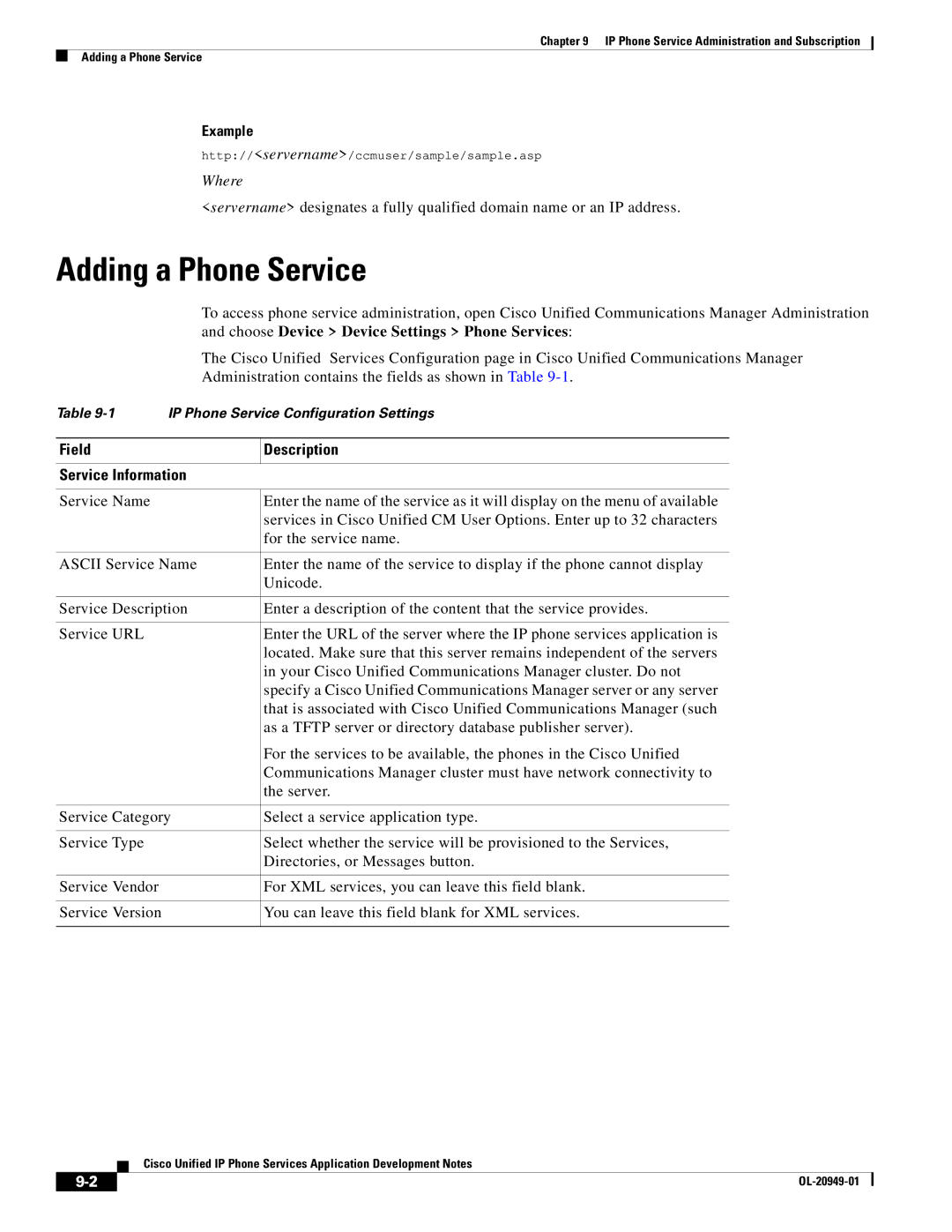 Cisco Systems OL-20949-01 manual Adding a Phone Service, Field Description 