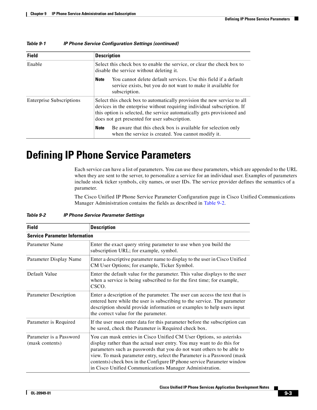 Cisco Systems OL-20949-01 manual Defining IP Phone Service Parameters, Field Description Service Parameter Information 