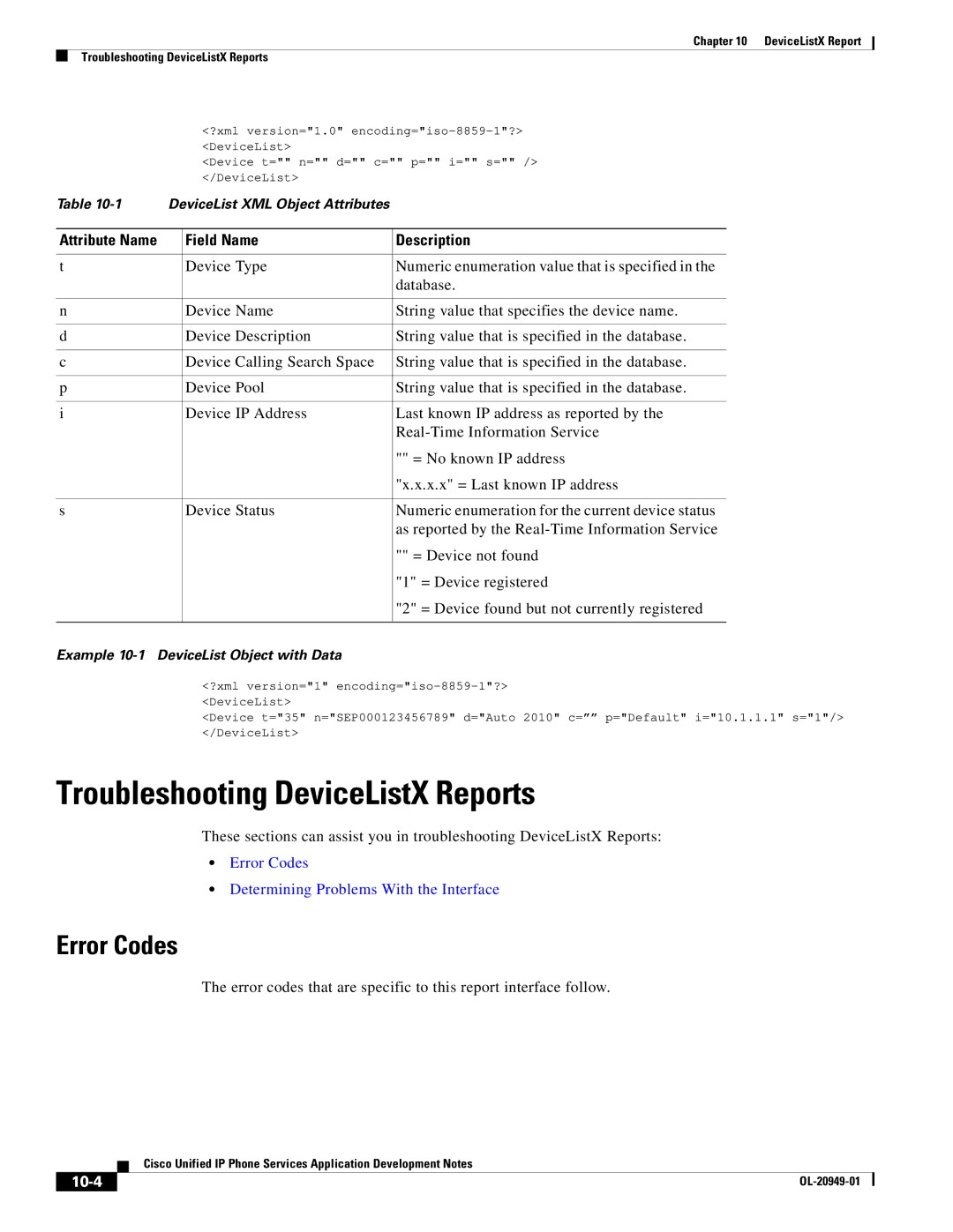 Cisco Systems OL-20949-01 manual Troubleshooting DeviceListX Reports, Error Codes, Field Name Description, 10-4 