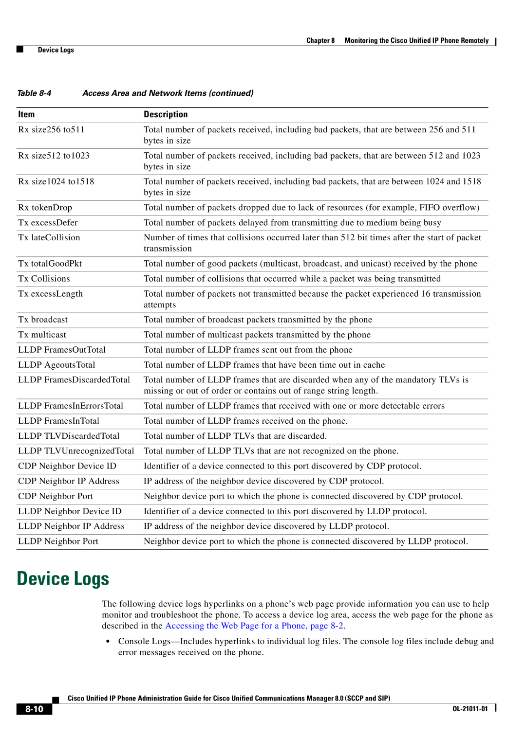 Cisco Systems OL-21011-01 manual Device Logs 