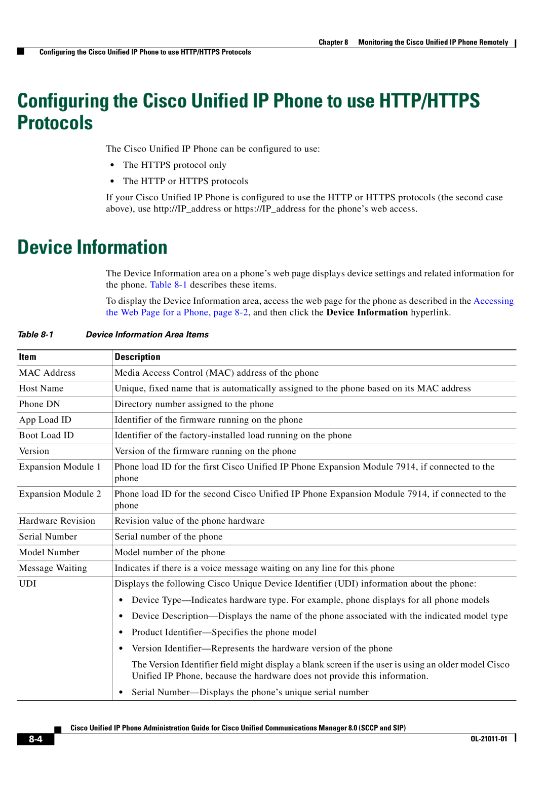 Cisco Systems OL-21011-01 manual Device Information, Description, Udi 