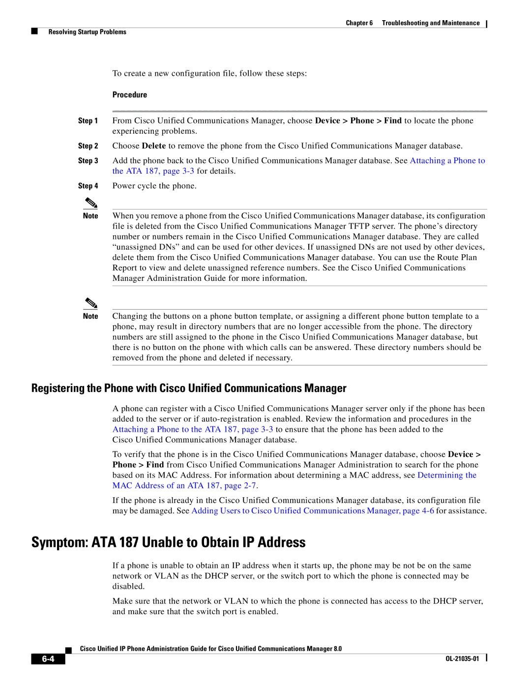 Cisco Systems OL-21035-01 manual Symptom ATA 187 Unable to Obtain IP Address 