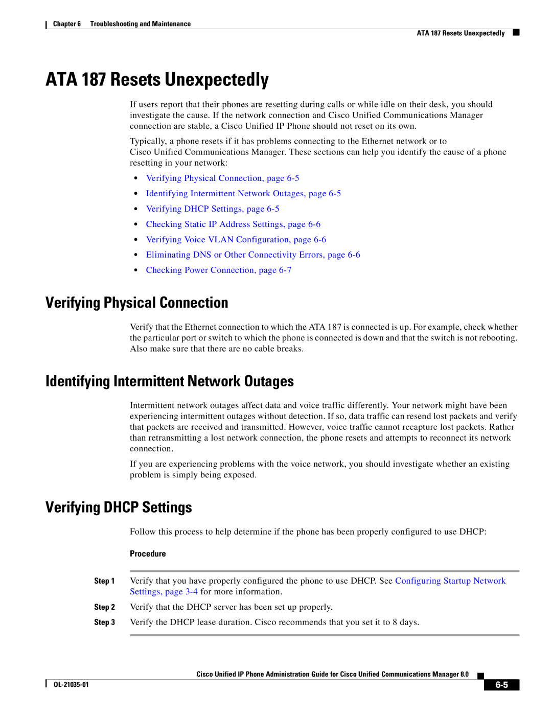 Cisco Systems OL-21035-01 manual ATA 187 Resets Unexpectedly, Verifying Physical Connection, Verifying Dhcp Settings 