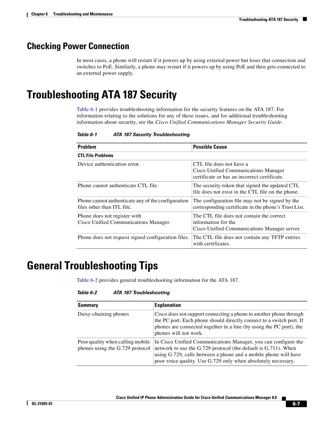 Cisco Systems OL-21035-01 manual Troubleshooting ATA 187 Security, General Troubleshooting Tips, Checking Power Connection 