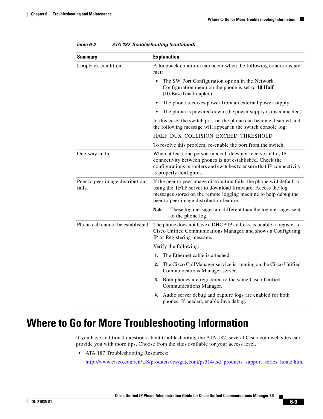 Cisco Systems OL-21035-01 manual Where to Go for More Troubleshooting Information, Halfduxcollisionexceedthreshold 