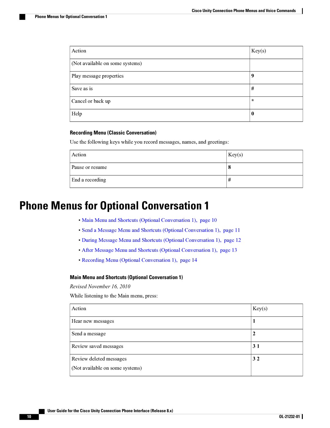 Cisco Systems OL-21232-01 1 manual Phone Menus for Optional Conversation, Recording Menu Classic Conversation 