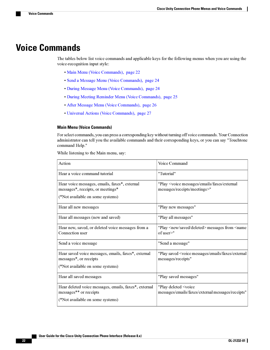 Cisco Systems OL-21232-01 1 manual Main Menu Voice Commands 