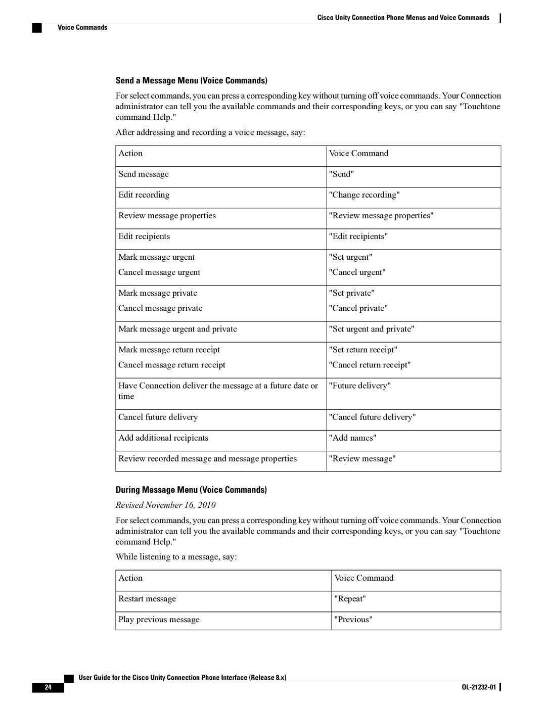Cisco Systems OL-21232-01 1 manual Send a Message Menu Voice Commands, During Message Menu Voice Commands 