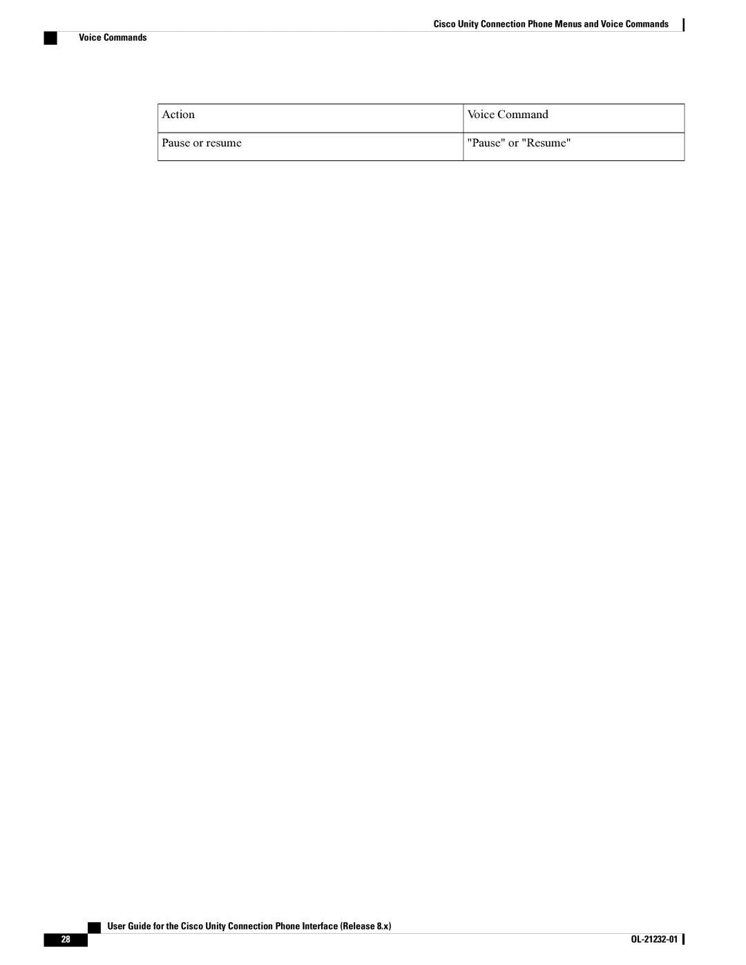 Cisco Systems OL-21232-01 1 manual Action Voice Command Pause or resume 