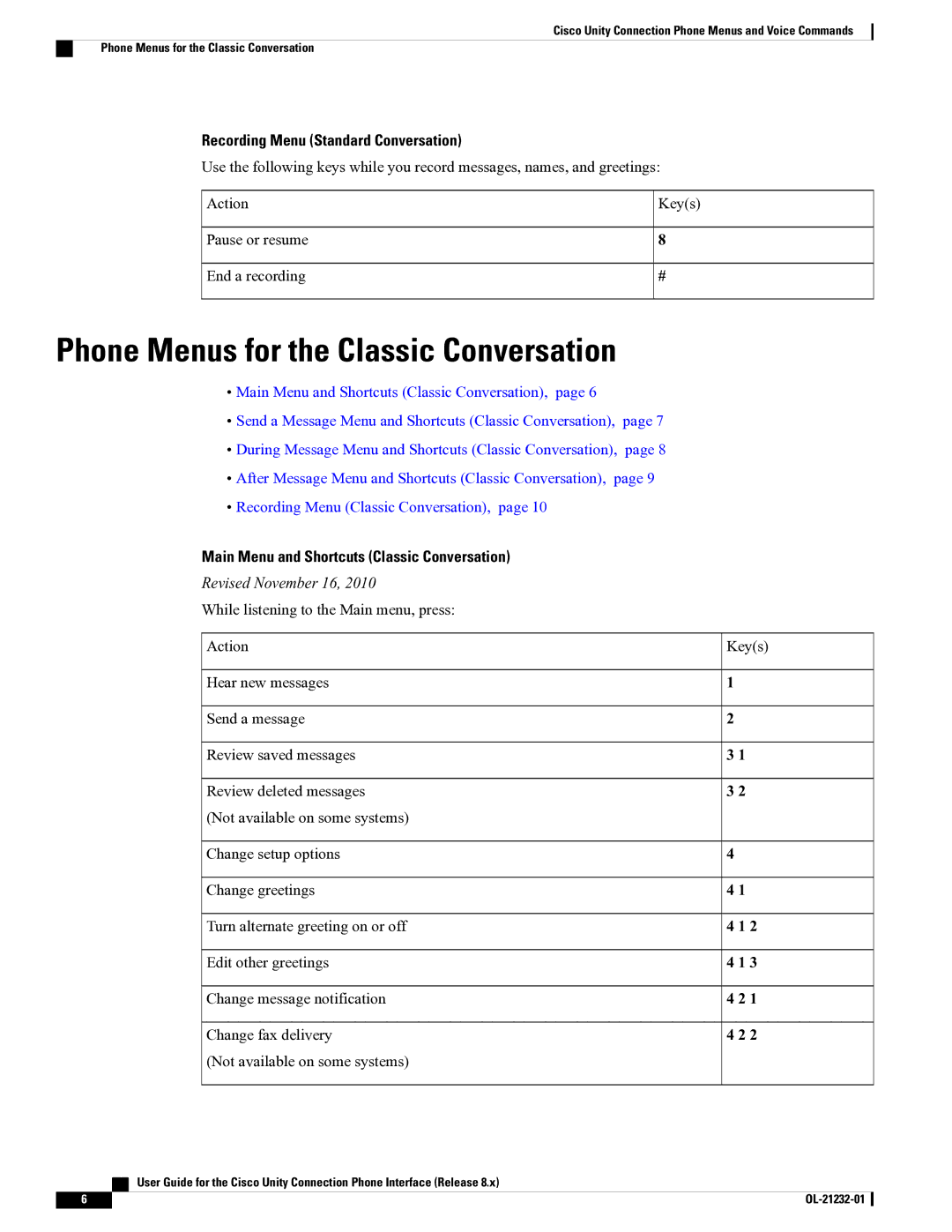 Cisco Systems OL-21232-01 1 manual Phone Menus for the Classic Conversation, Recording Menu Standard Conversation 