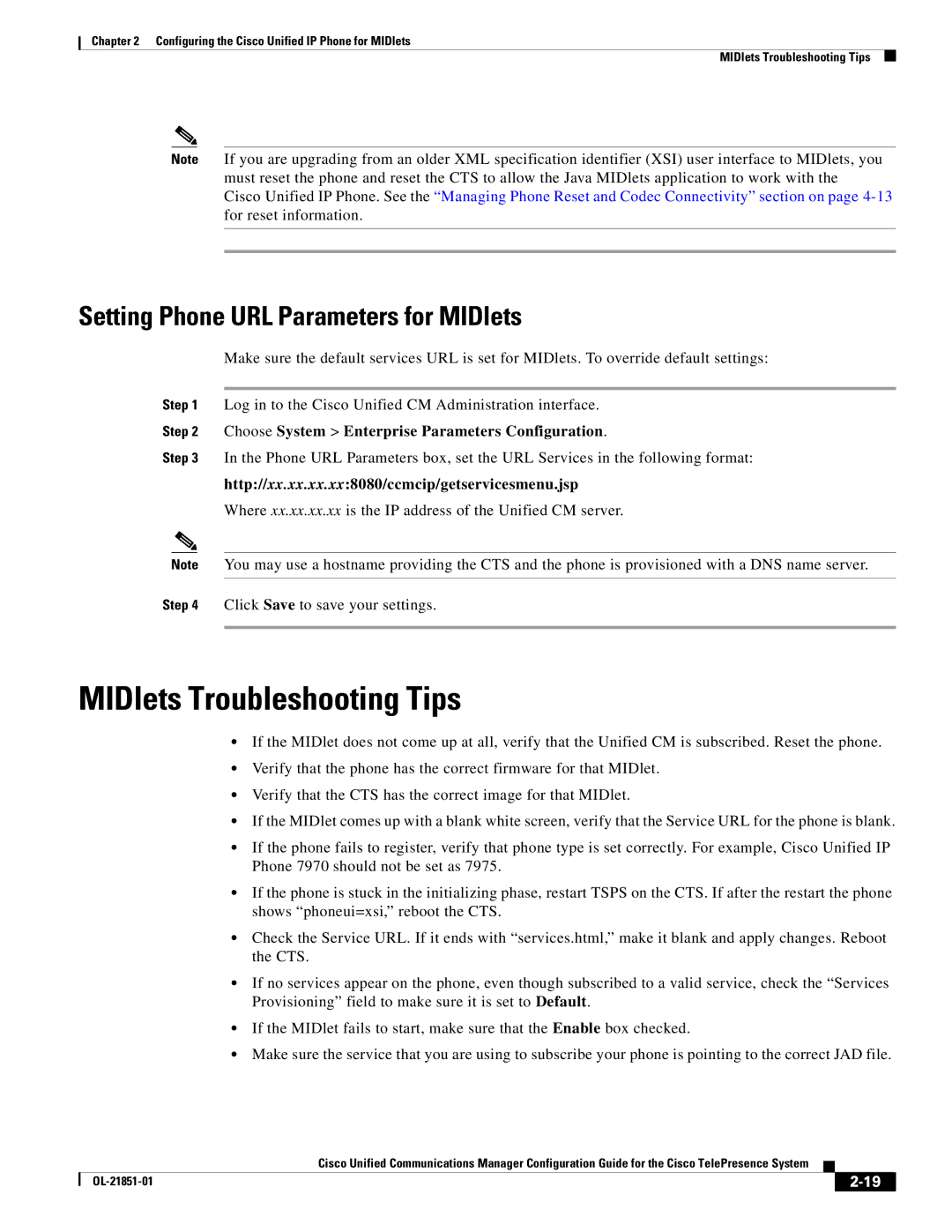 Cisco Systems OL-21851-01 manual MIDlets Troubleshooting Tips, Setting Phone URL Parameters for MIDlets 