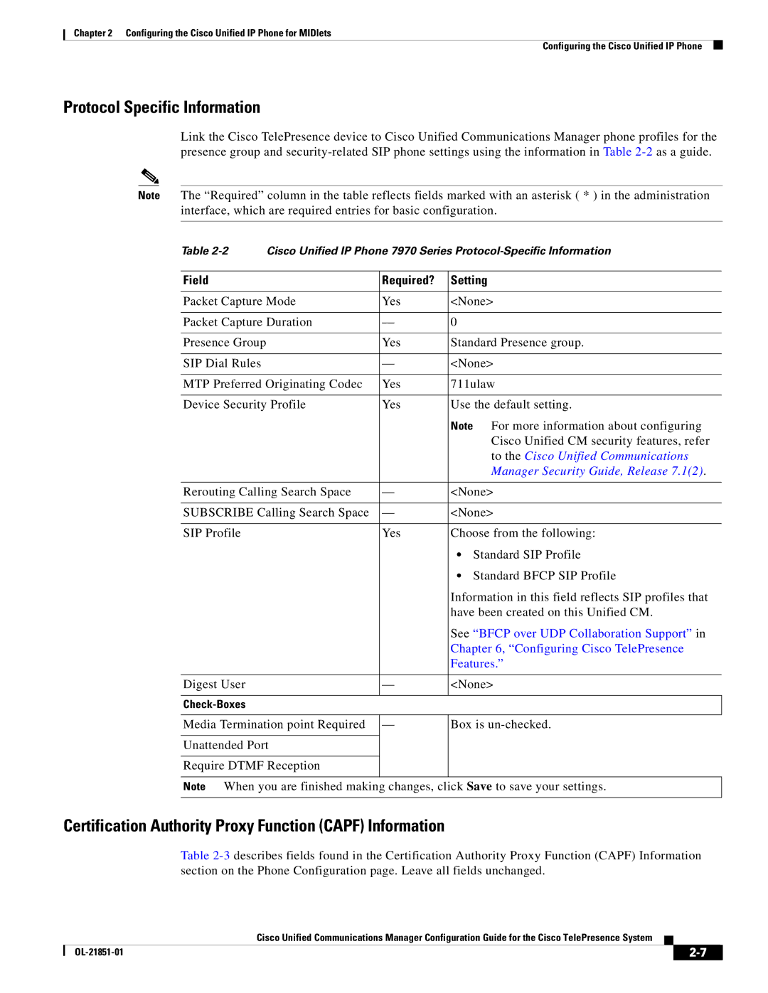 Cisco Systems OL-21851-01 manual Protocol Specific Information, Certification Authority Proxy Function Capf Information 