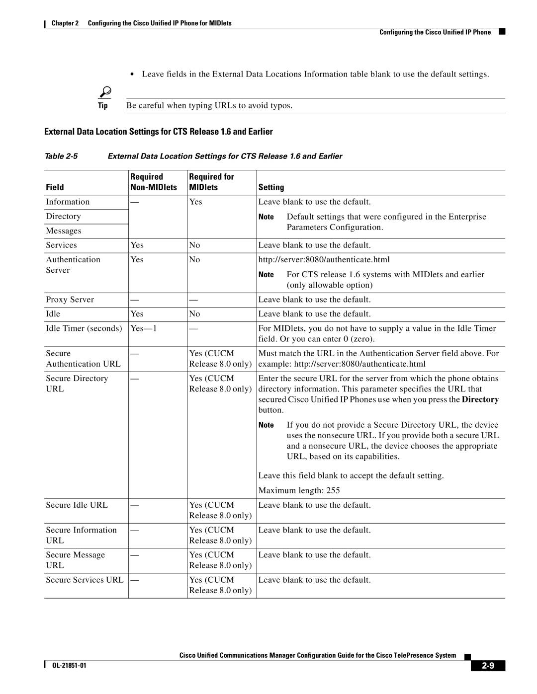 Cisco Systems OL-21851-01 manual Required Required for Field Non-MIDlets Setting, Url 