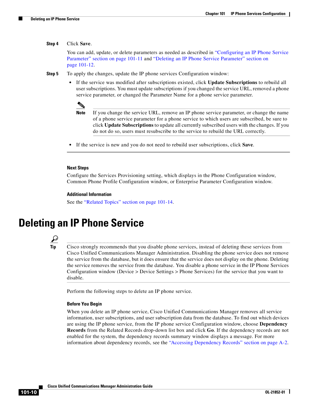 Cisco Systems OL-21852-01 manual Deleting an IP Phone Service, Next Steps, Before You Begin, 101-10 