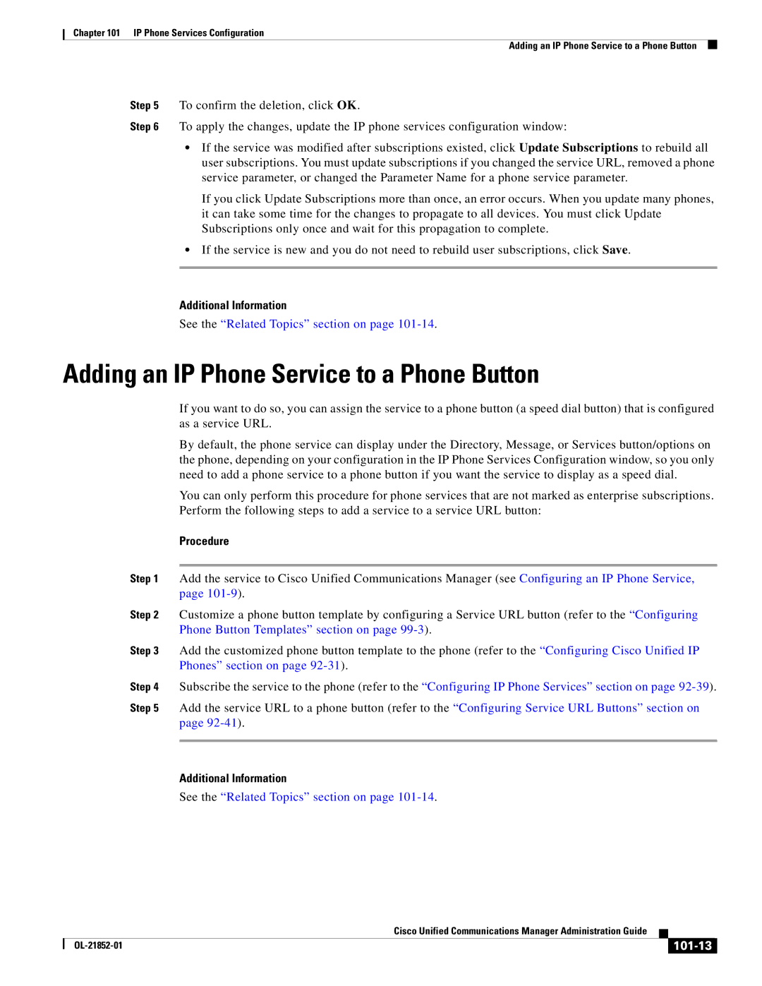 Cisco Systems OL-21852-01 manual Adding an IP Phone Service to a Phone Button, 101-13 