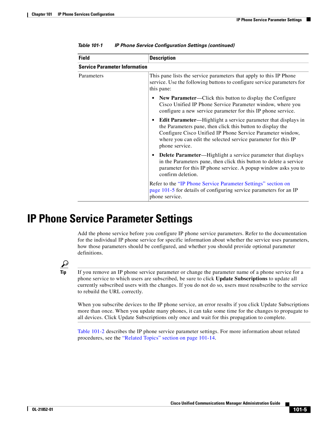 Cisco Systems OL-21852-01 IP Phone Service Parameter Settings, Field Description Service Parameter Information, 101-5 