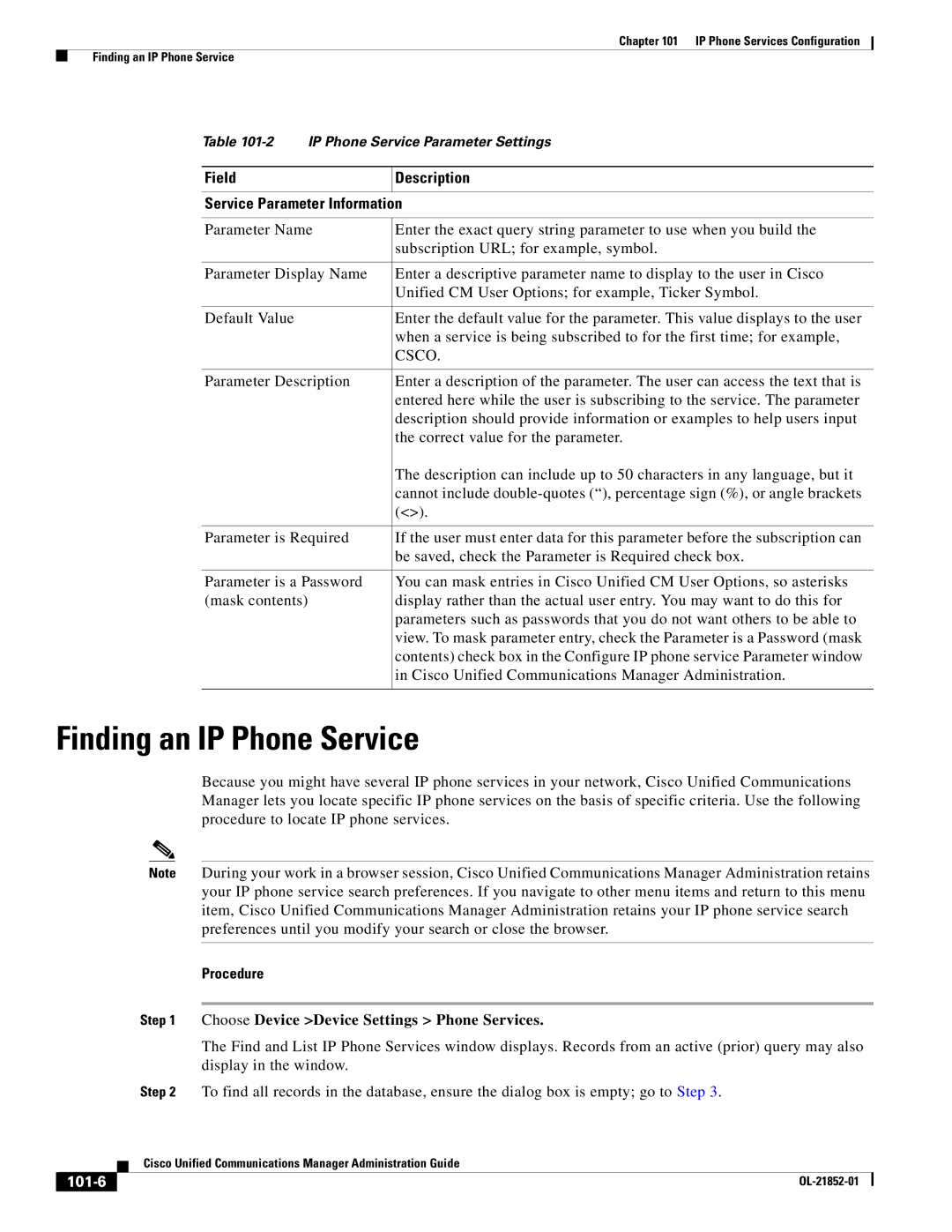 Cisco Systems OL-21852-01 manual Finding an IP Phone Service, Procedure, 101-6 