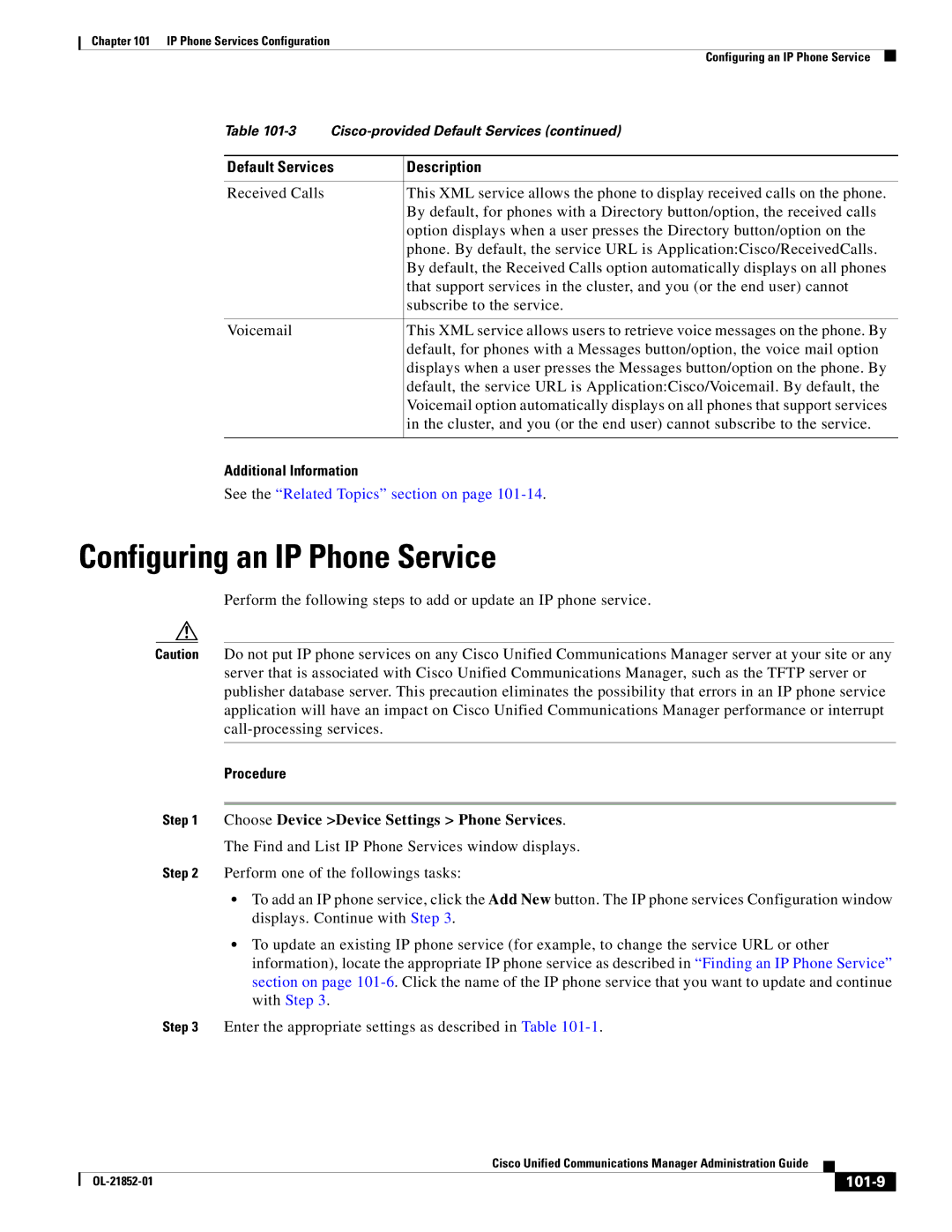 Cisco Systems OL-21852-01 manual Configuring an IP Phone Service, Additional Information, 101-9 