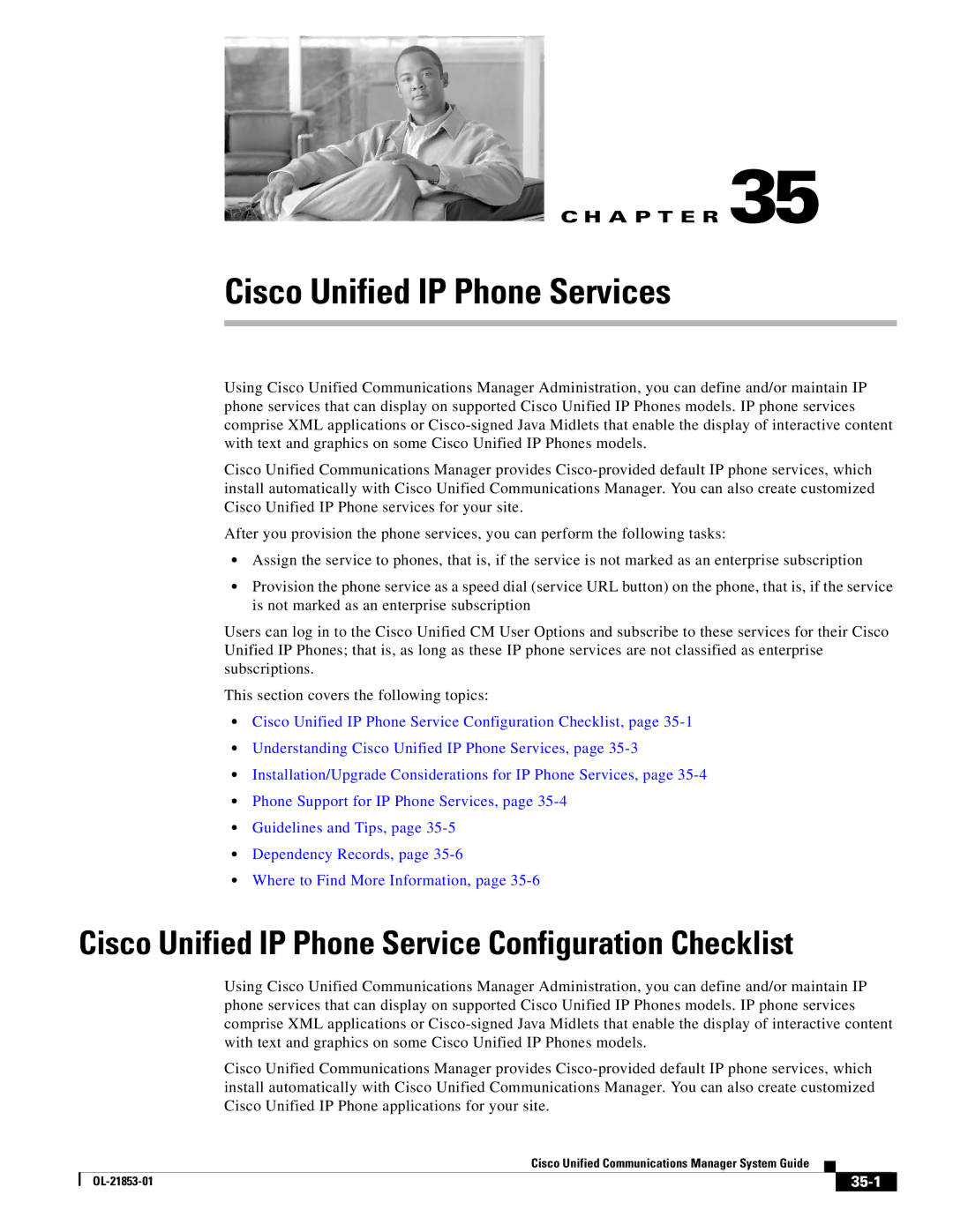 Cisco Systems OL-21853-01 manual Cisco Unified IP Phone Service Configuration Checklist, 35-1 