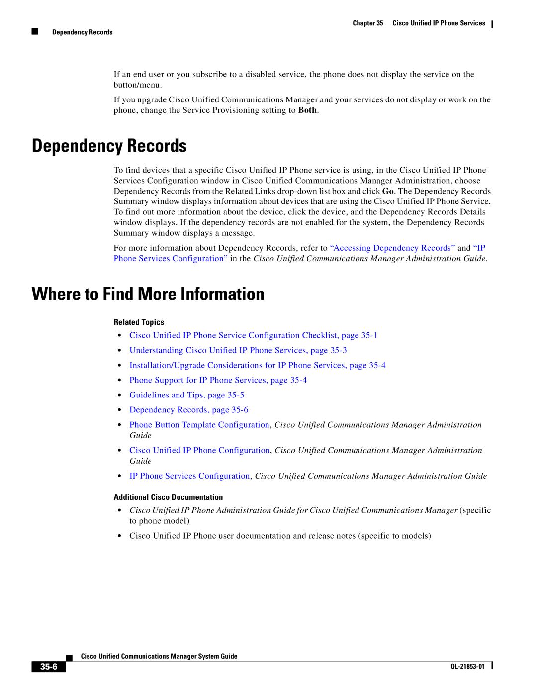 Cisco Systems OL-21853-01 manual Dependency Records, Where to Find More Information, Related Topics, 35-6 