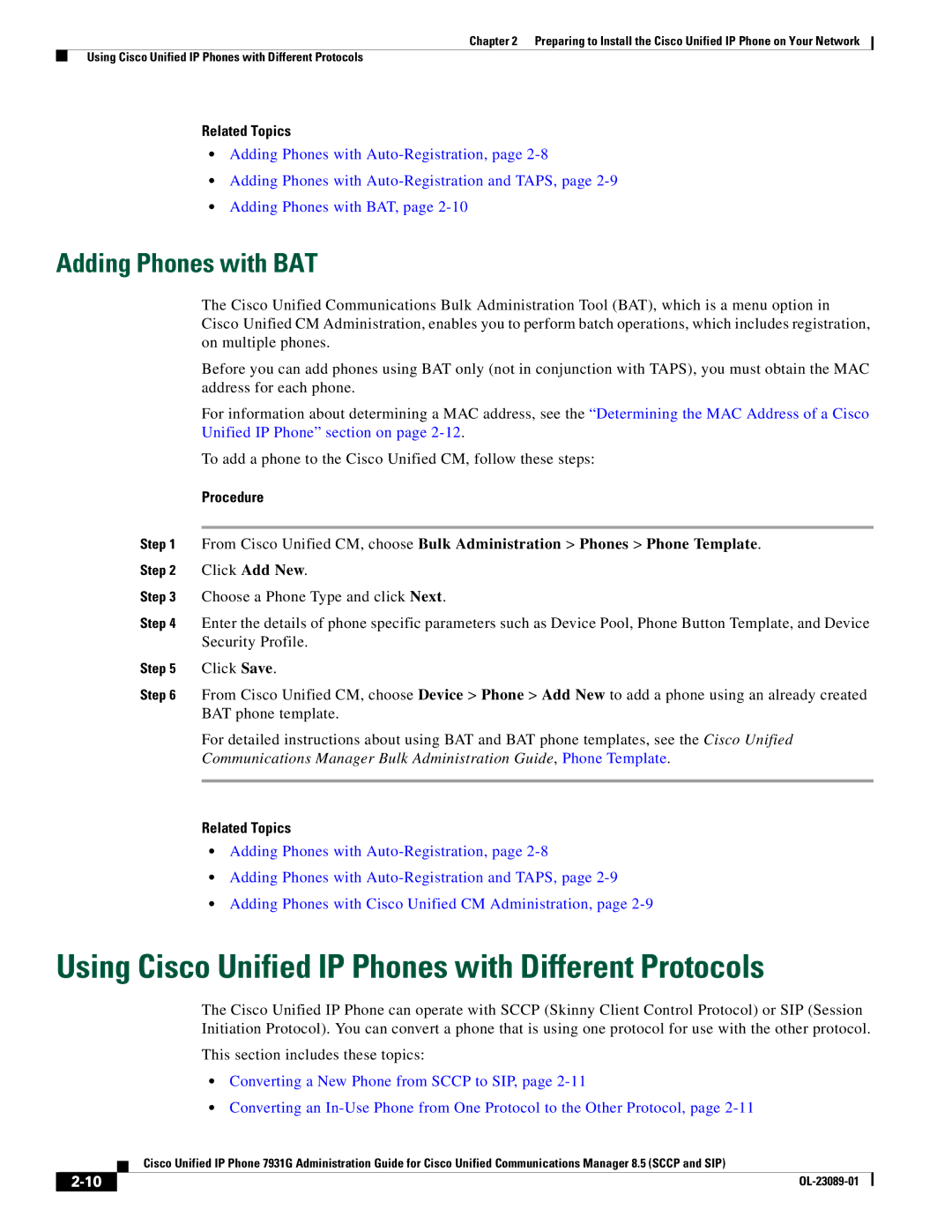 Cisco Systems OL-23089-01 manual Using Cisco Unified IP Phones with Different Protocols, Adding Phones with BAT, Procedure 