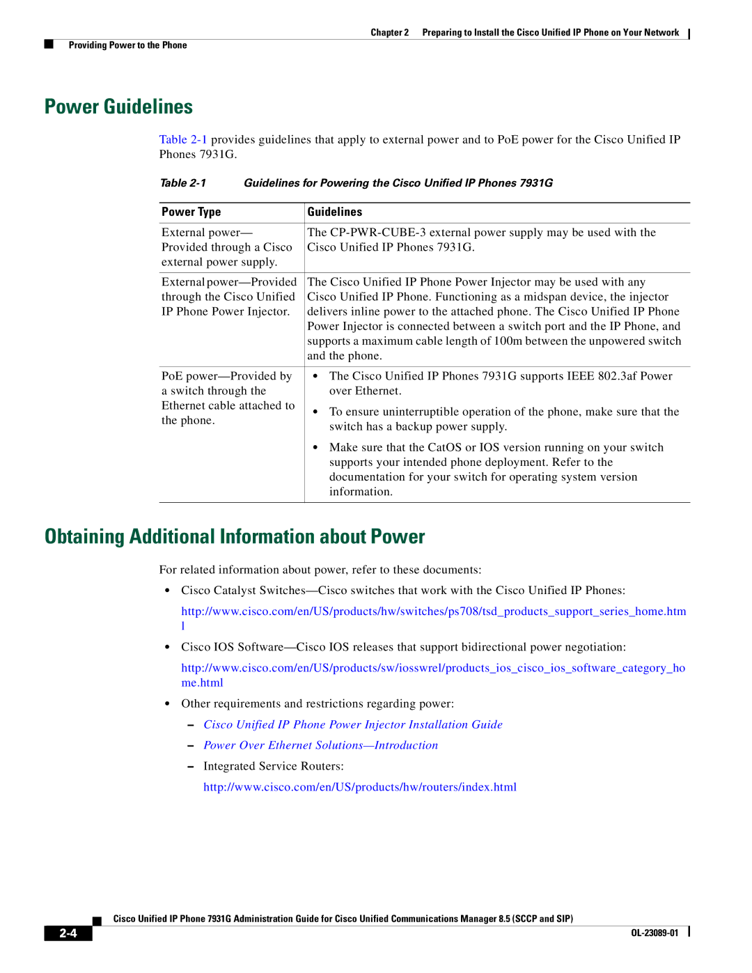 Cisco Systems OL-23089-01 manual Power Guidelines, Obtaining Additional Information about Power, Power Type Guidelines 