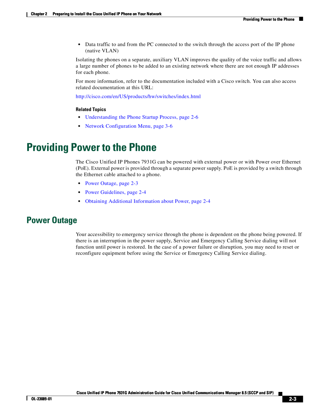 Cisco Systems OL-23089-01 Providing Power to the Phone, Power Outage, Related Topics, Network Configuration Menu, page 