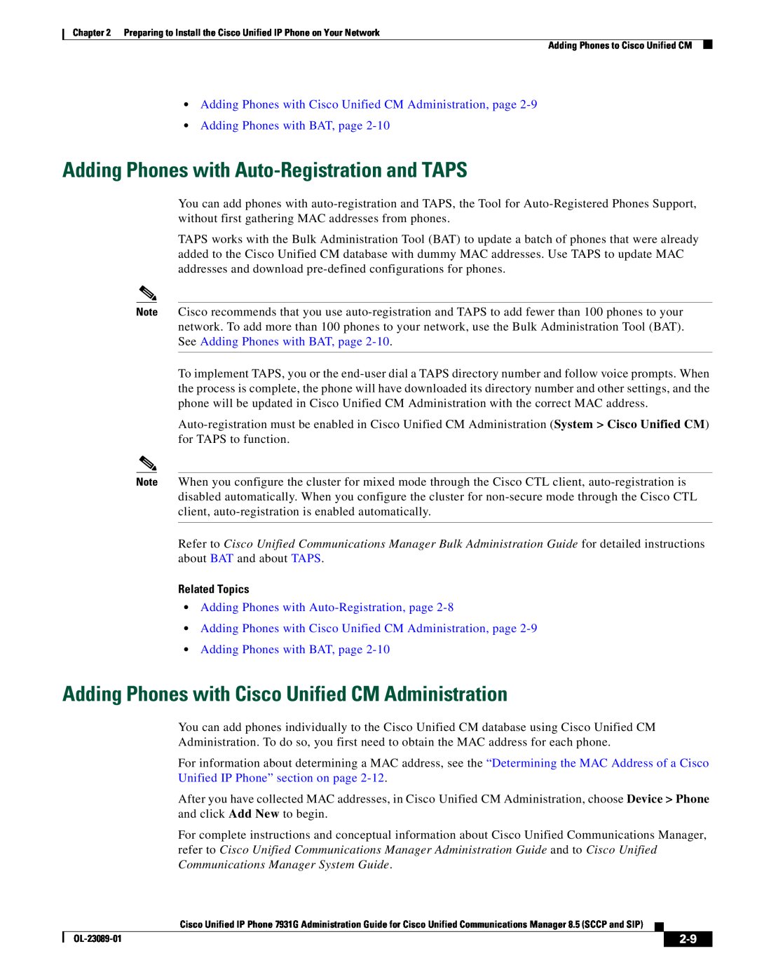 Cisco Systems OL-23089-01 Adding Phones with Auto-Registration and TAPS, Adding Phones with BAT, page, Related Topics 