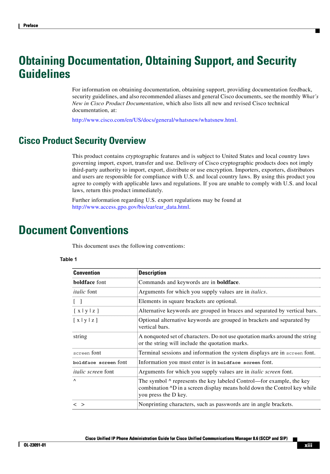Cisco Systems OL-23091-01 Obtaining Documentation, Obtaining Support, and Security Guidelines, Document Conventions, xiii 