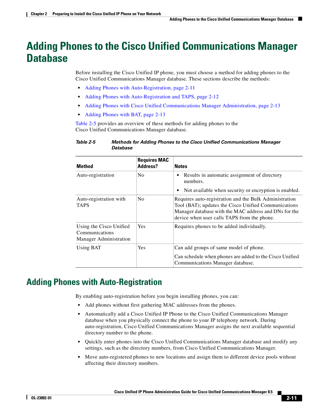 Cisco Systems OL-23092-01 manual Adding Phones with Auto-Registration, Requires MAC Method Address? 