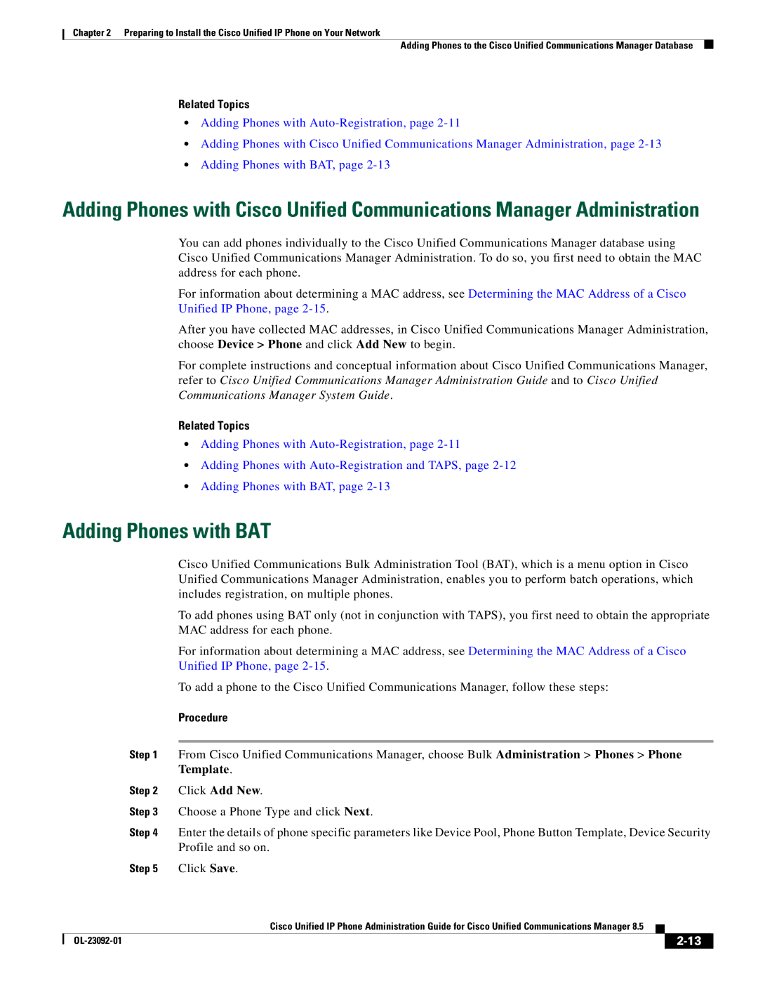 Cisco Systems OL-23092-01 manual Adding Phones with BAT, Unified IP Phone, Procedure 