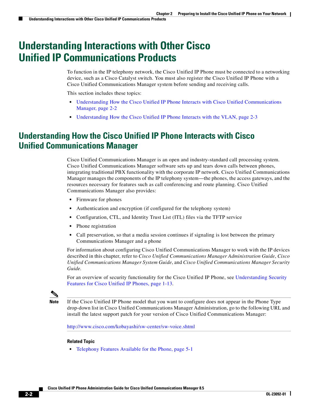 Cisco Systems OL-23092-01 manual Related Topic, Telephony Features Available for the Phone 