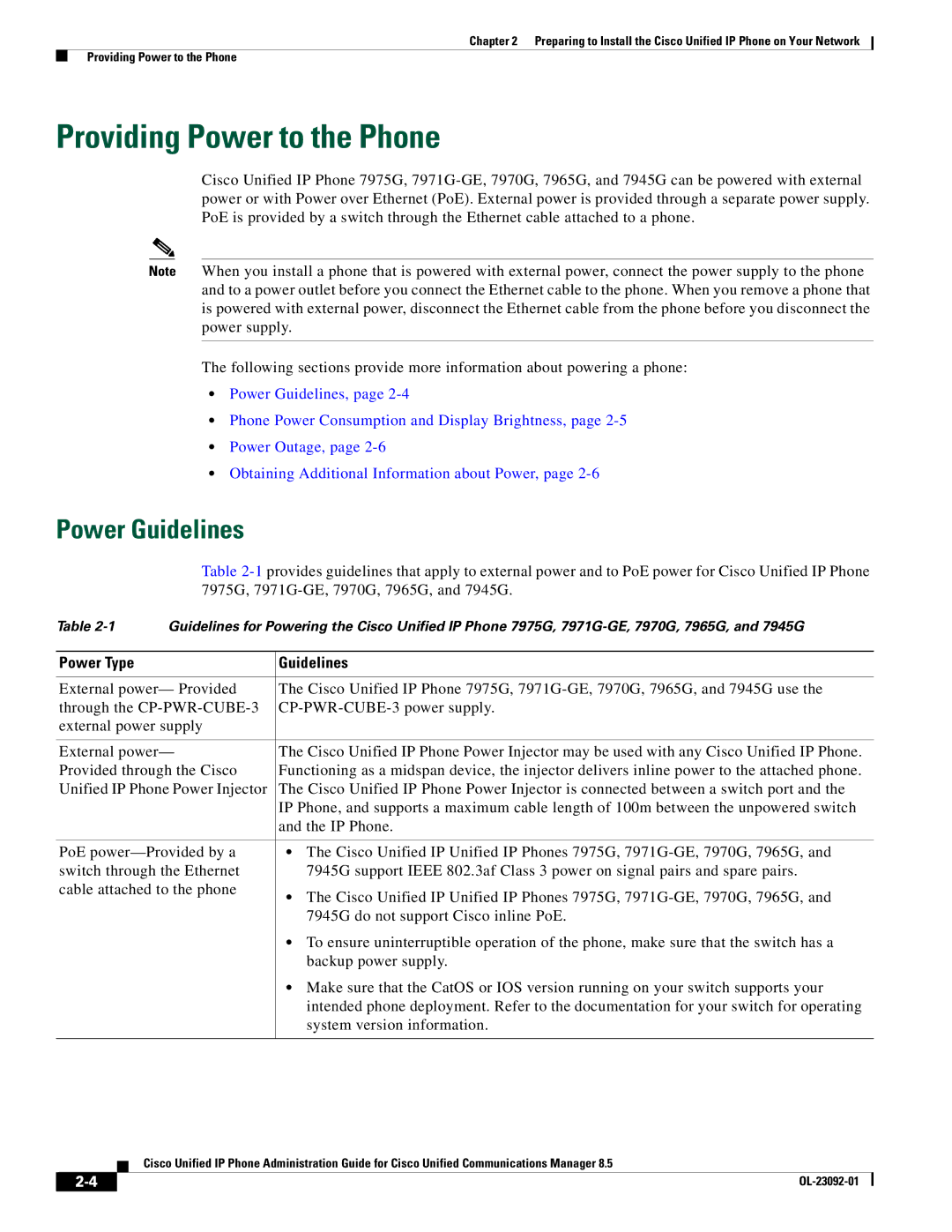 Cisco Systems OL-23092-01 manual Providing Power to the Phone, Power Guidelines, Power Type Guidelines 