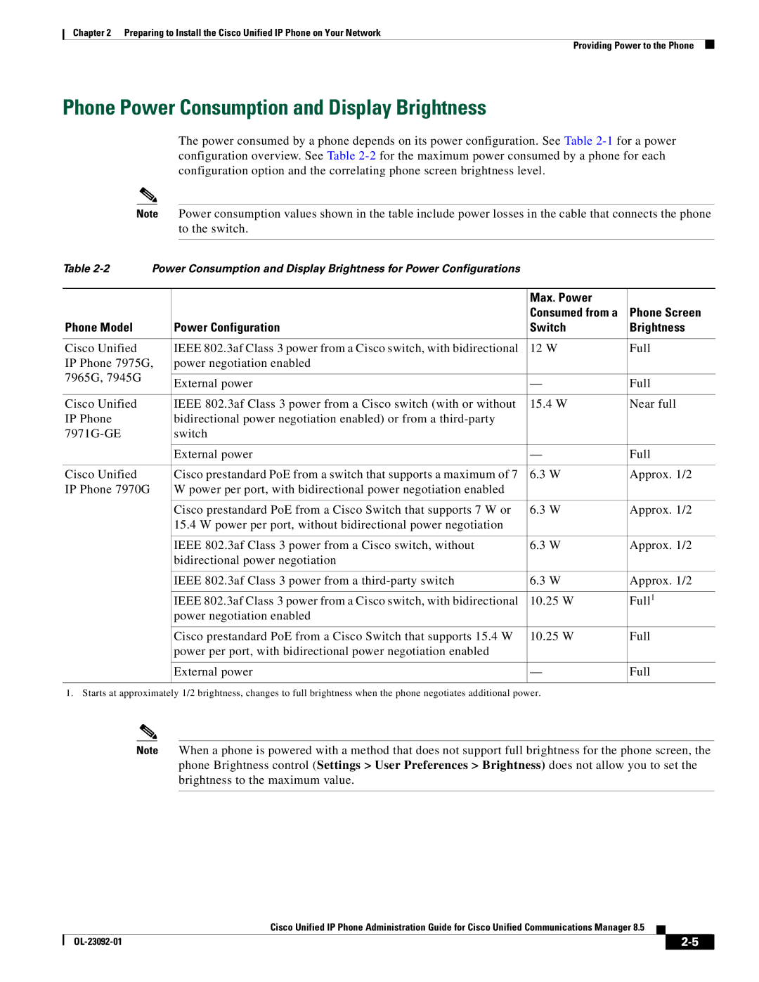 Cisco Systems OL-23092-01 manual Phone Power Consumption and Display Brightness, Max. Power, Phone Screen 