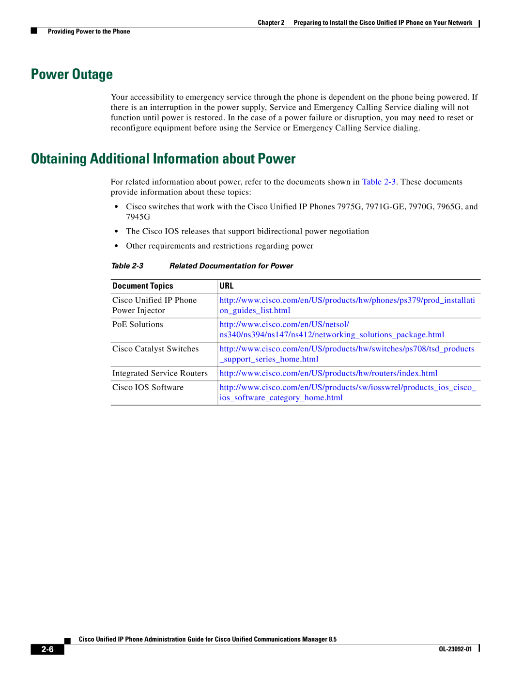 Cisco Systems OL-23092-01 manual Power Outage, Obtaining Additional Information about Power 