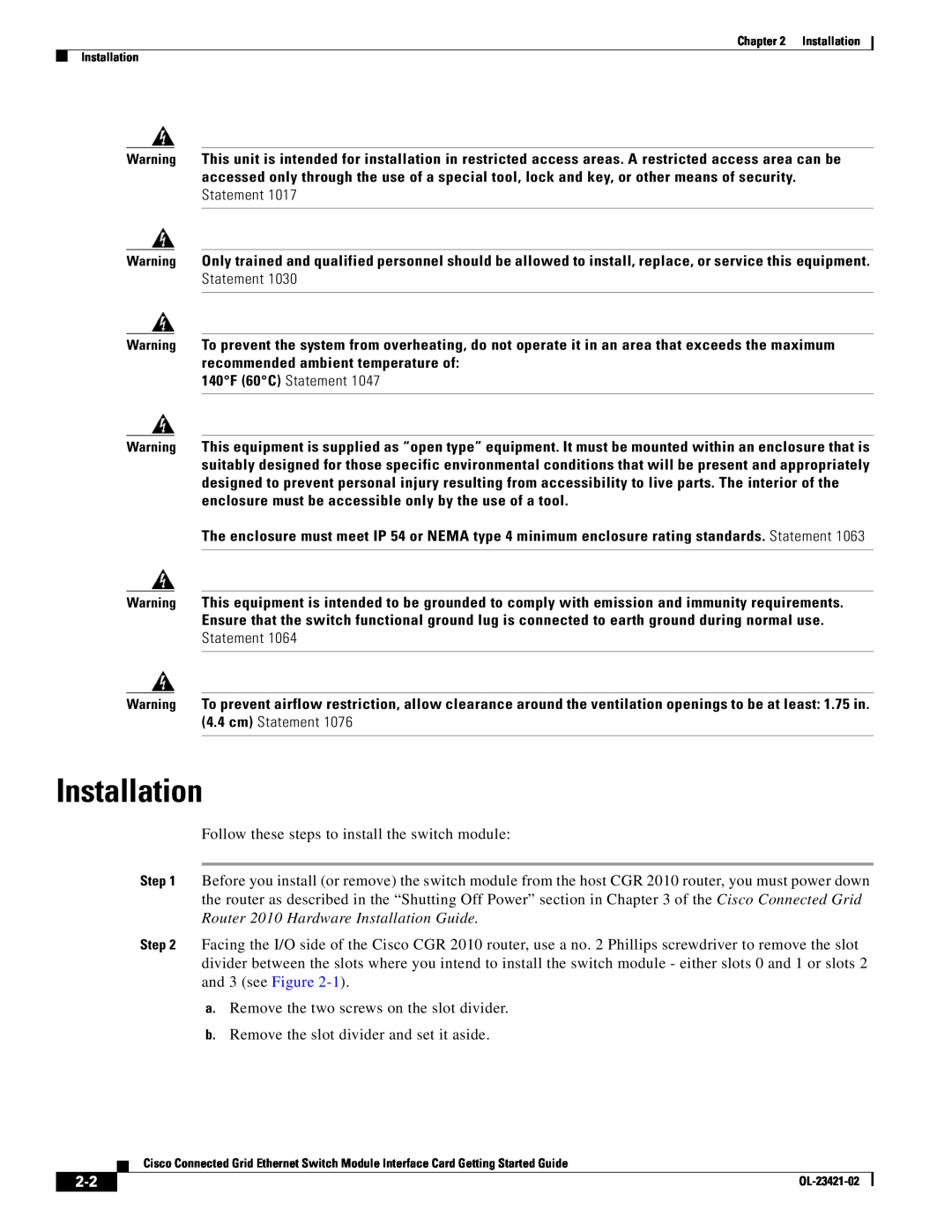 Cisco Systems OL-23421-02 manual Installation 