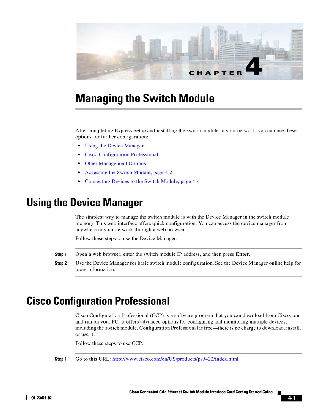 Cisco Systems OL-23421-02 manual Managing the Switch Module, Using the Device Manager, Cisco Configuration Professional 