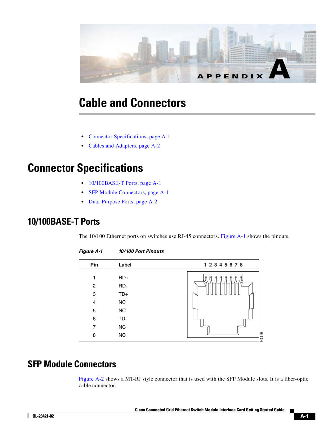 Cisco Systems OL-23421-02 manual Cable and Connectors, Connector Specifications, SFP Module Connectors, A P P E N D I X A 