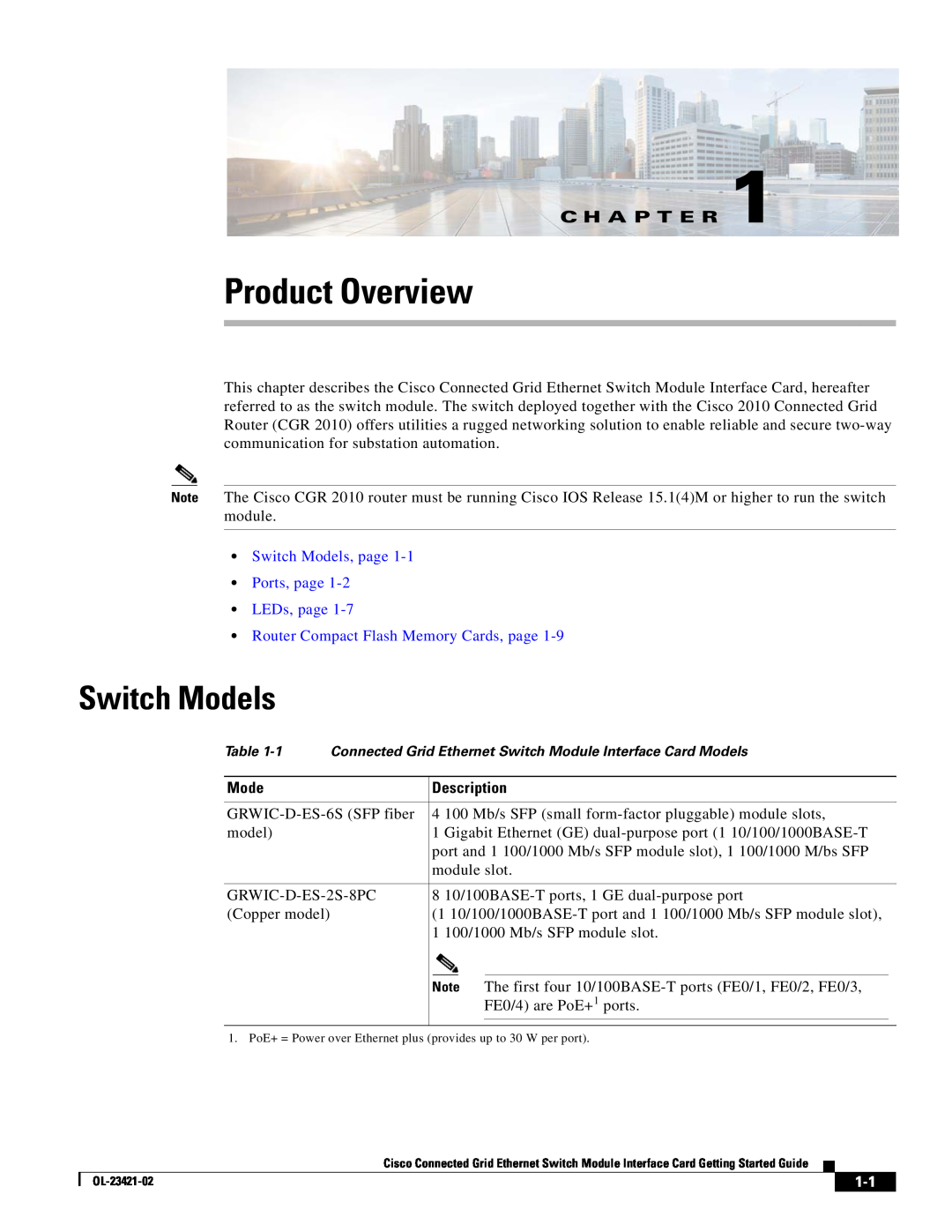 Cisco Systems OL-23421-02 manual Product Overview, C H A P T E R, Switch Models, page Ports, page LEDs, page 