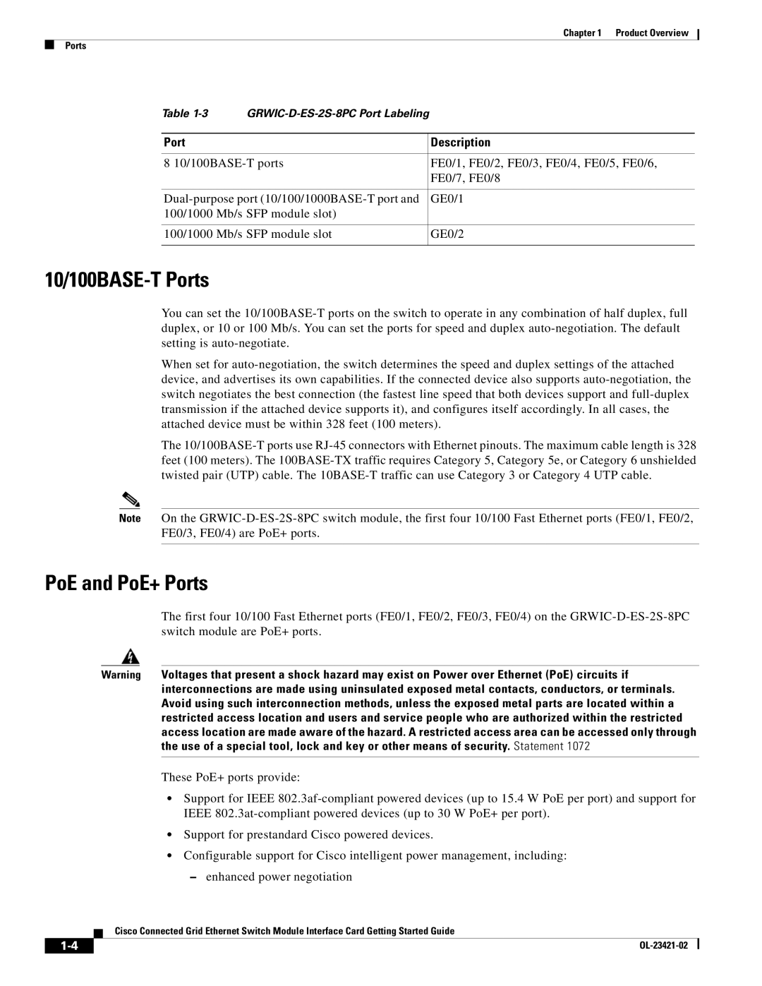 Cisco Systems OL-23421-02 manual 10/100BASE-T Ports, PoE and PoE+ Ports, Port Description 