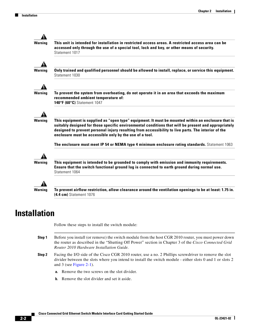 Cisco Systems OL-23421-02 manual Installation 