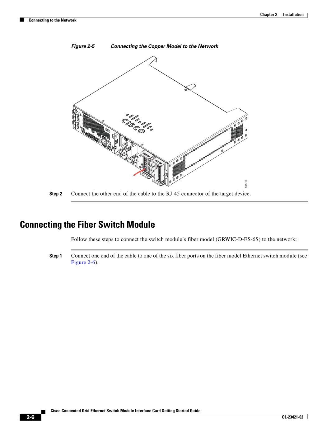 Cisco Systems OL-23421-02 manual Connecting the Fiber Switch Module, Connecting the Copper Model to the Network 