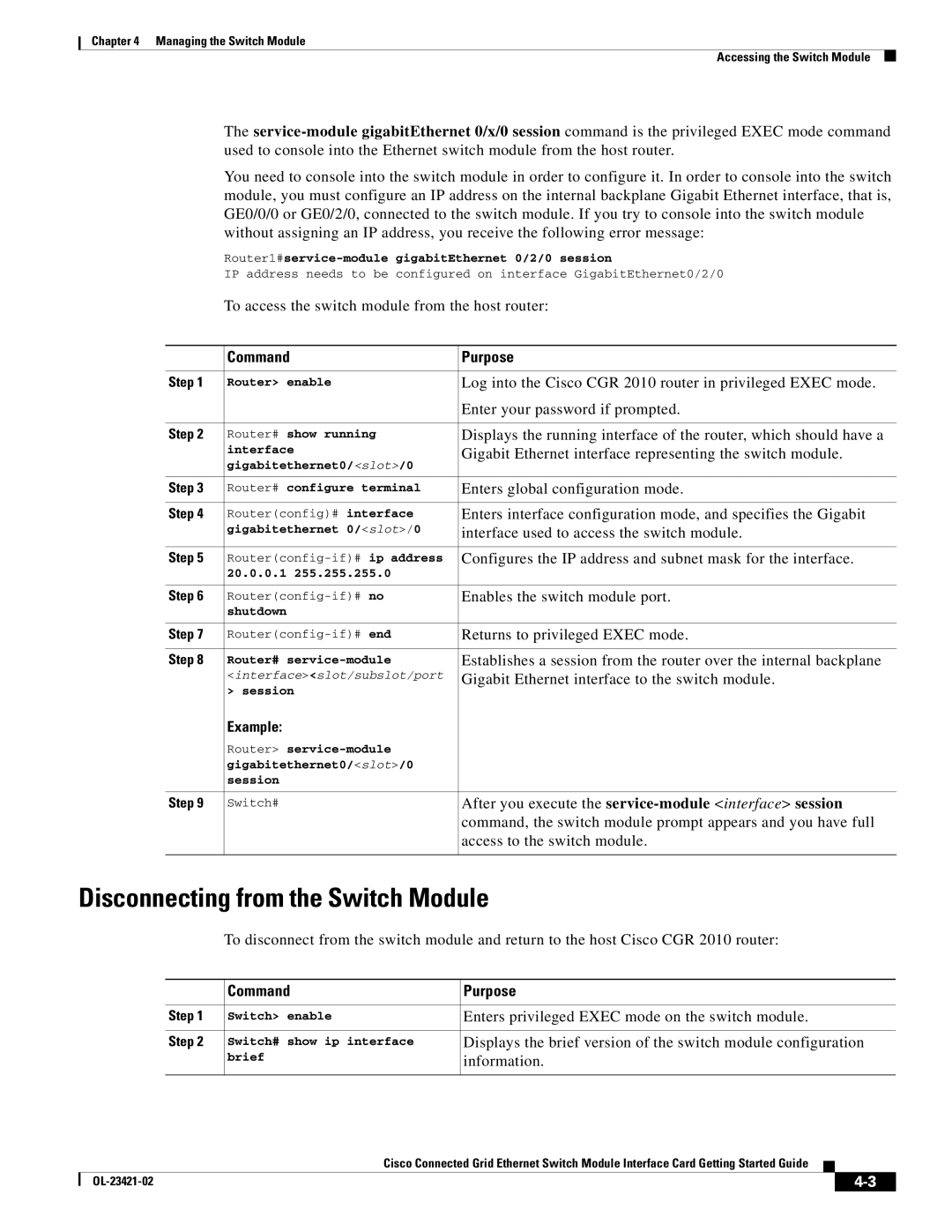 Cisco Systems OL-23421-02 manual Disconnecting from the Switch Module, Command Purpose 