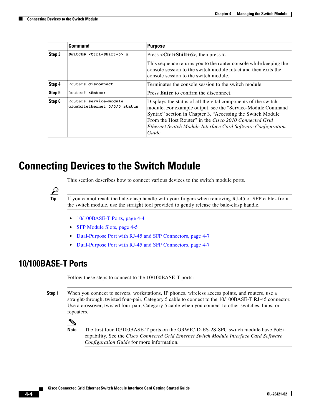 Cisco Systems OL-23421-02 manual Connecting Devices to the Switch Module, 10/100BASE-T Ports 