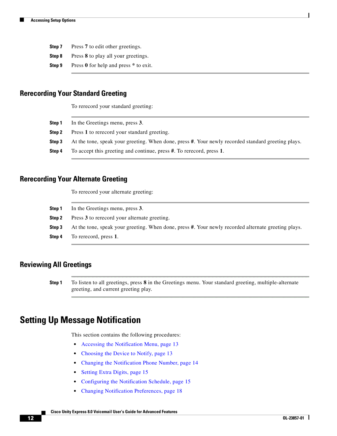 Cisco Systems OL-23857-01 Setting Up Message Notification, Rerecording Your Standard Greeting, Reviewing All Greetings 