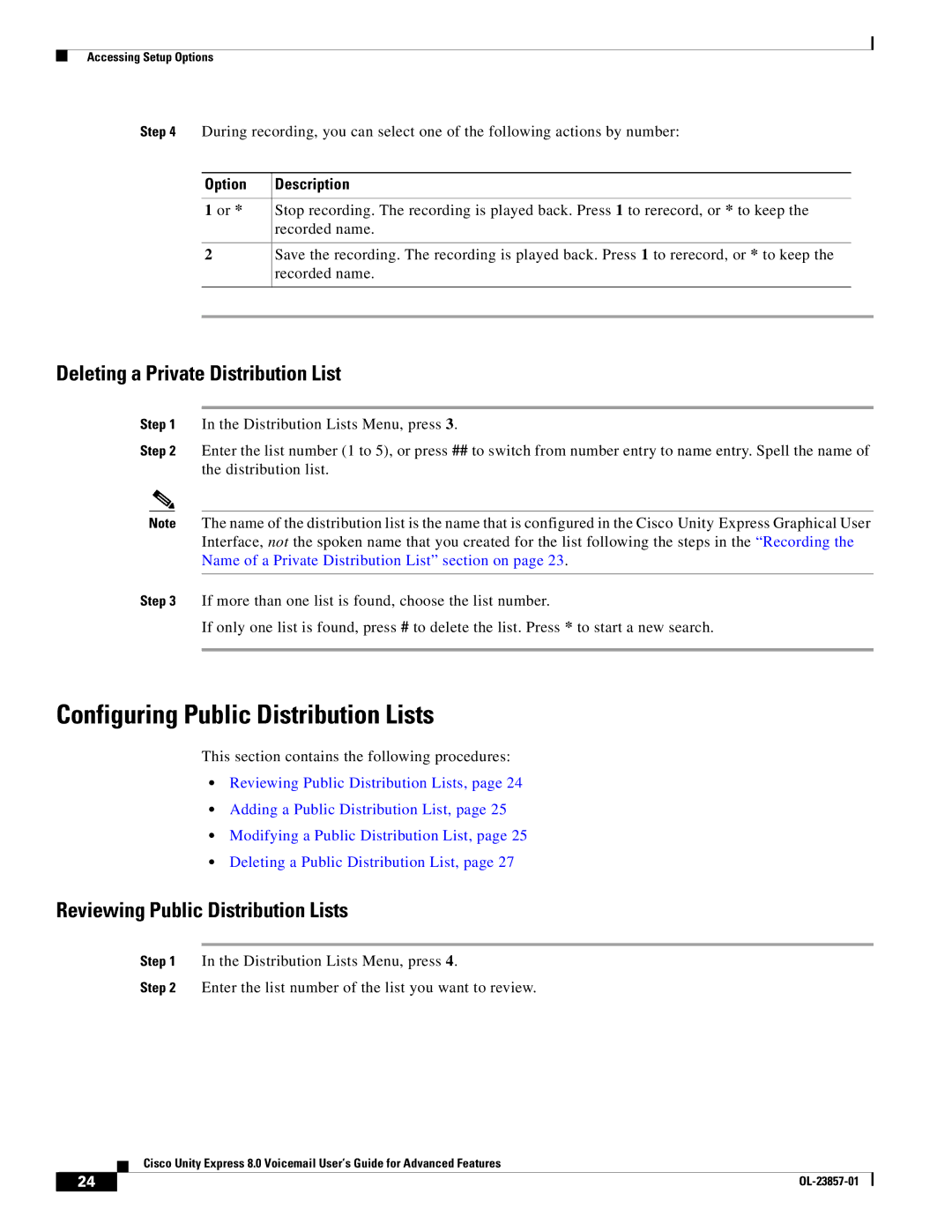 Cisco Systems OL-23857-01 manual Configuring Public Distribution Lists, Deleting a Private Distribution List 